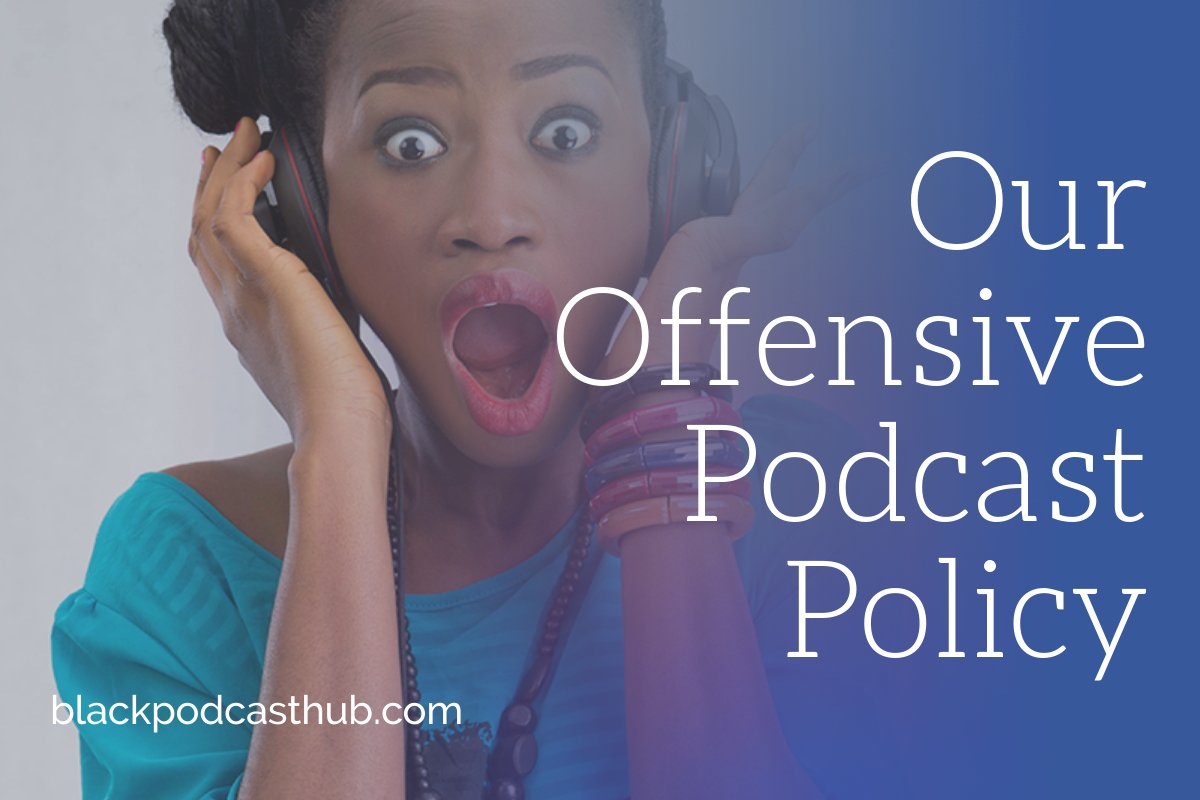 Podcast Acceptance Policy - A black woman looking shocked while wearing headphones.